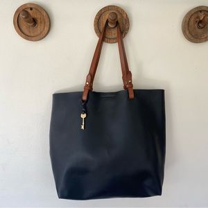 Fossil Black Tote with Brown Leather Straps and Key Charm